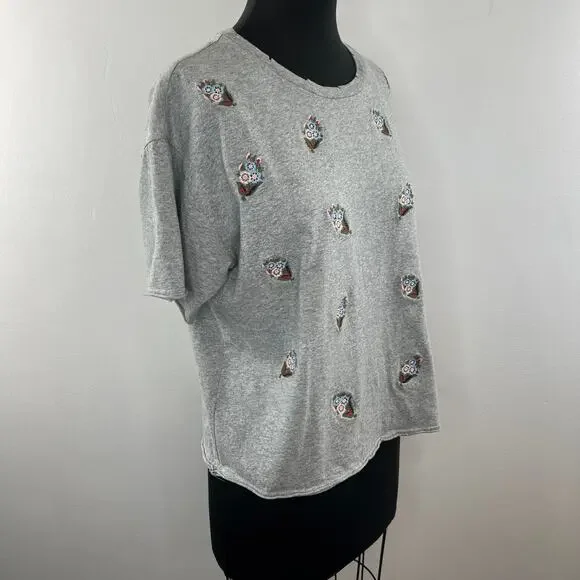 REBECCA MINKOFF Floral Embroidered T-Shirt Top Tee Gray Cotton Crewneck Size L - Picture 4 of 9